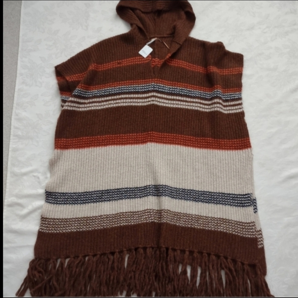 New 🎀 Free People hooded fringe poncho knit Canyon combo folklore Leslie